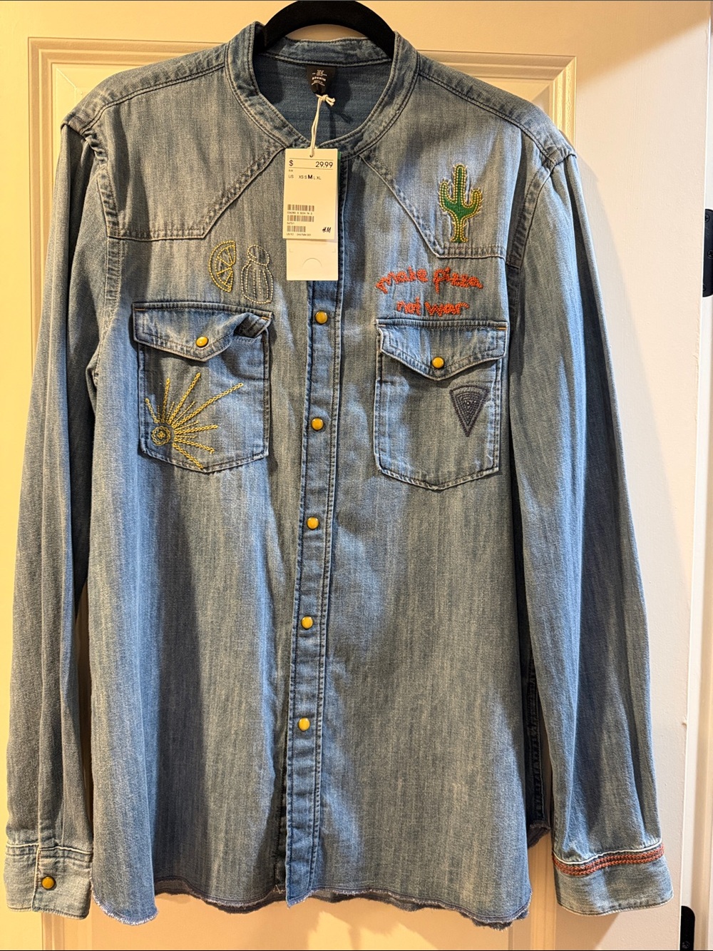 H&M Light Blue Embroidered Denim Button-Down Shirt